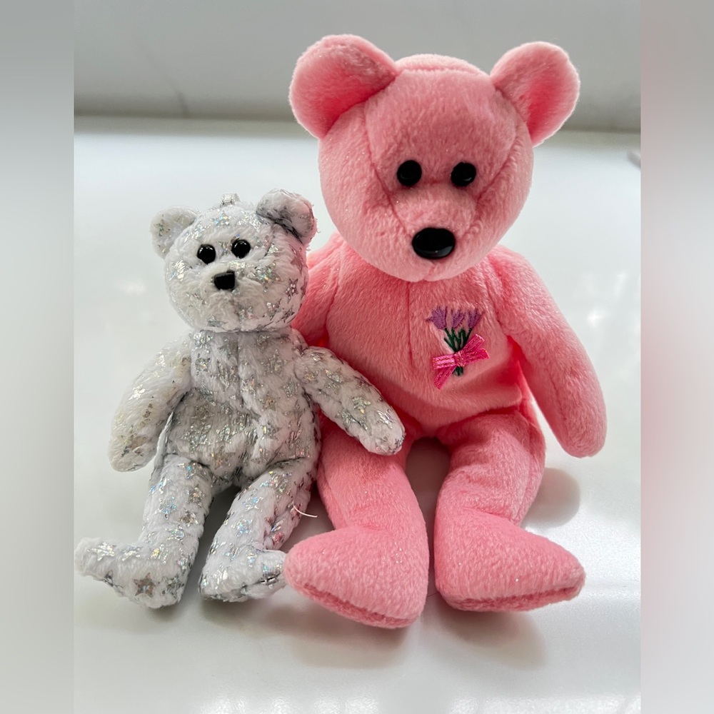 TY Beanie Mum pink bear 2001 and bell silver white Beginning baby 2000 set of 2